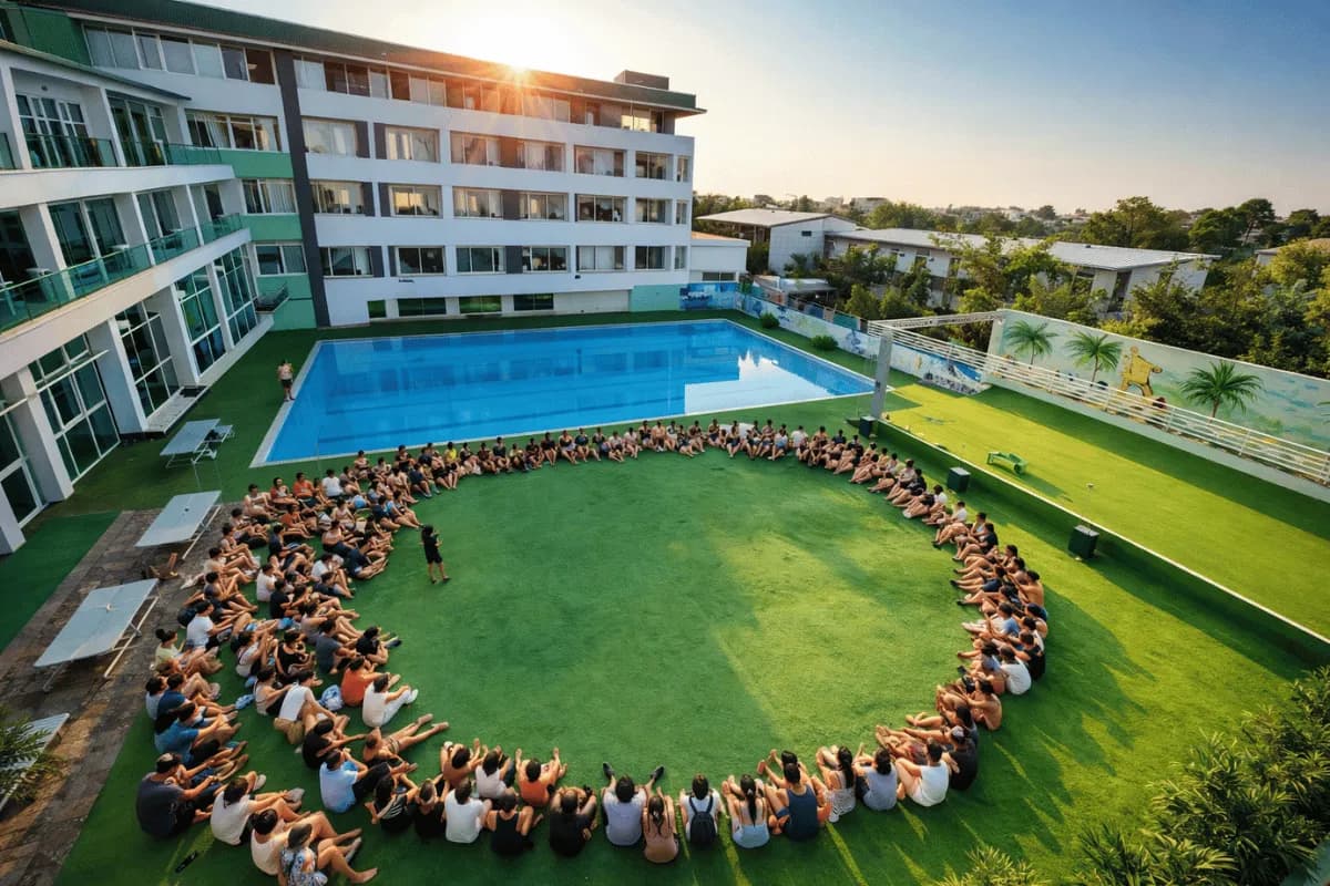 Grup mare de elevi in tabara la Casa Duca in Costinesti, activitati organizate langa piscina si scena