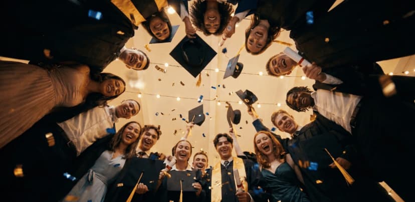 Grup mare de absolvenți fericiți în robe și ținute elegante la un banchet de absolvire, reprezentând o petrecere reușită organizată de Casa Duca Costinesti.