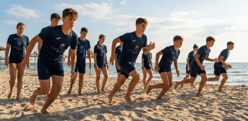 Grup de tineri sportivi adolescenți în timpul unui antrenament de alergare pe plaja din Costinești, purtând echipament sportiv albastru cu logo-ul 'Casa Duca Costinești'